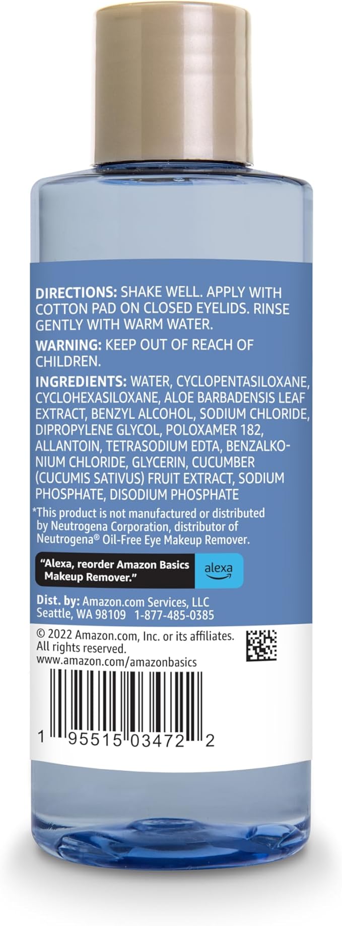 Amazon Basics Eye Makeup Remover, Removes Waterproof Mascara, Dermatologist Tested, Fragrance Free, 5.5 Fl Oz (Pack of 1)
