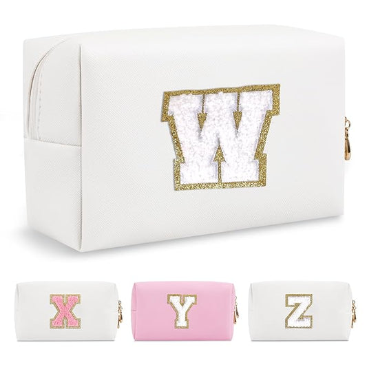 Small Personalized Initial A-Z Preppy Patch Makeup Bag,White PU Chenille Letter Travel Cosmetic Pouch with Zipper,Cute Toiletry Bag,Gift Ideal for Teen Girls Women Teacher Bridesmaid,Letter W