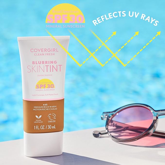 COVERGIRL Clean Fresh Blurring Skin Tint with SPF 30, 420 Light/Medium Neutral, Liquid Foundation, Soft Matte Finish, Smooths, Brightens, Blurs Pores, Mineral Sunscreen, Vegan Formula