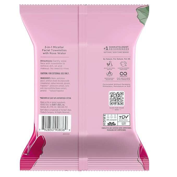 Burt's Bees Back To School Dorm Essentials, Rose Water Face Wipes, for All Skin Types, Hydrating Micellar Makeup Remover & Facial Cleansing Towelettes, 30 Ct (3-Pack)