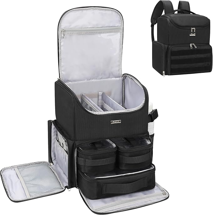 Relavel Makeup Backpack Large Makeup Bag with 3 Clear Set Bags, Dual Layer Professional Cosmetic Organizer Travel Train Case Makeup Artist Kit with Adjustable Dividers & Easy to Clean Lining, Black