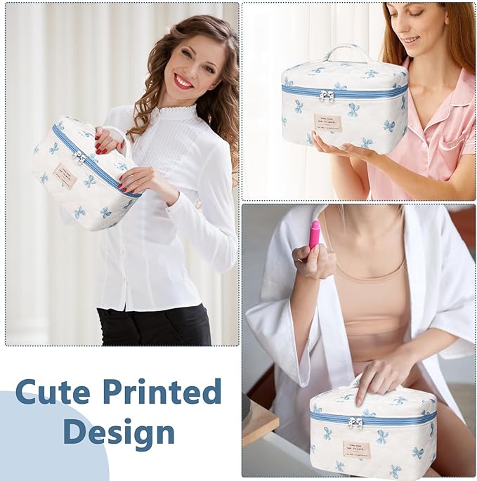 Large Makeup Bag, Cute Cosmetic Bag for Women Girls, Floral Coquette Aesthetic Toiletry Bag, Travel Make Up Organizer Bag (White Blue Butterfly Flower)