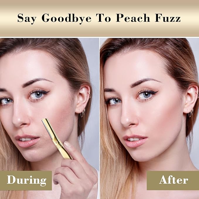 Eyebrow Razor for Women and Men, Face Razors for Women, Dermaplane Razor with Protective Silicone Cover, Reusable Metal Handle with 6 Refill Blades, Skin Care Tool - Shiny Gold