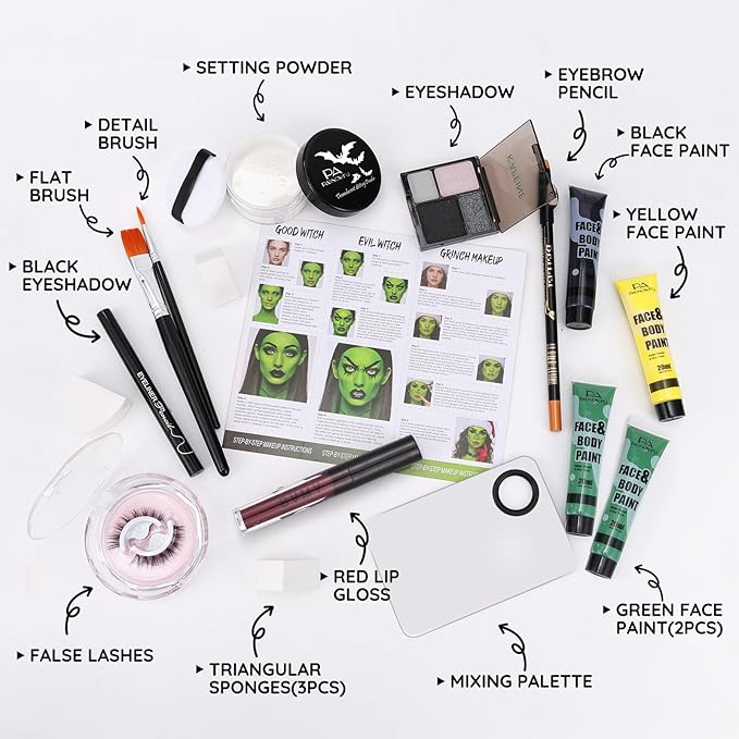 Halloween for Witch Makeup Kit, Professional Halloween SFX Makeup Set for Witch Costumes, Non-Toxic Water-Based Face Paint Set with Green Face Paint, Eyeliner for Cosplay,Stage, Party