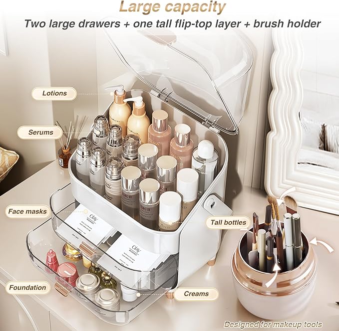 Cosmetics Organizer Set - Makeup Box with with Brush Holder, Skin Care Storage Organizer with Transparent Drawers and Cover, Portable Handle, Dust Proof Makeup Organizer for Vanity, White & Gold