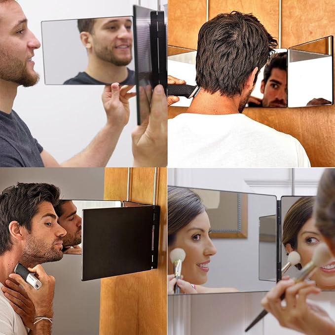 HIEEY 3 Way Mirror for Hair Cutting,360 Trifold Mirror with Height Adjustable Telescoping Hooks,and 5X Magnification,for Makeup, Hair Styling