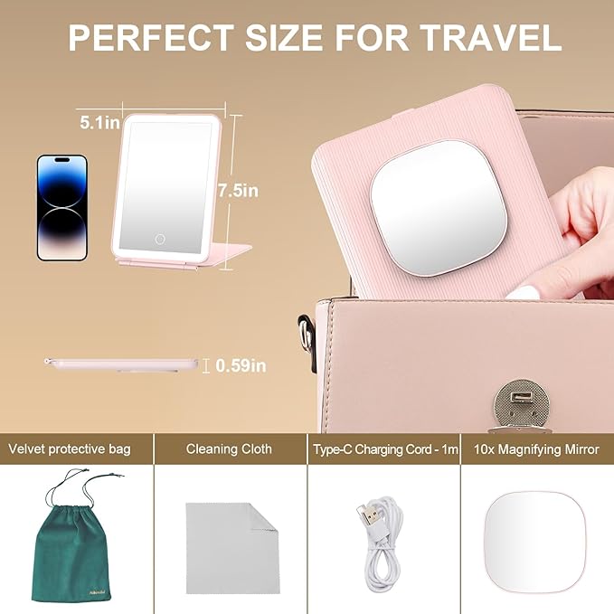 LED Foldable Travel Makeup Mirror - 5x6 inches3 Colors Light Modes USB Rechargeable Touch Screen, Portable Tabletop Cosmetic Mirror for Travel, Cosmetic, Office (Pink)