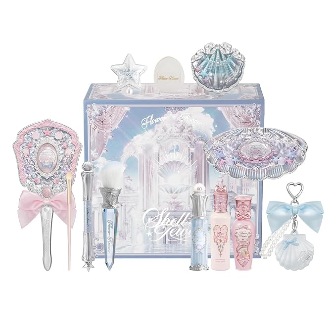 Flower Knows Shell’s Jewel 13-Piece Makeup Gift Box Set,Lip Gloss×2+Blush×1+ Eyeshadow Palette×1+Highlighter×3+Hand Mirror×1+Hair Clip×1+Mini Powder Puff×1+Blush Brush×1+Eyeshadow Brush×1+Gift Box×1