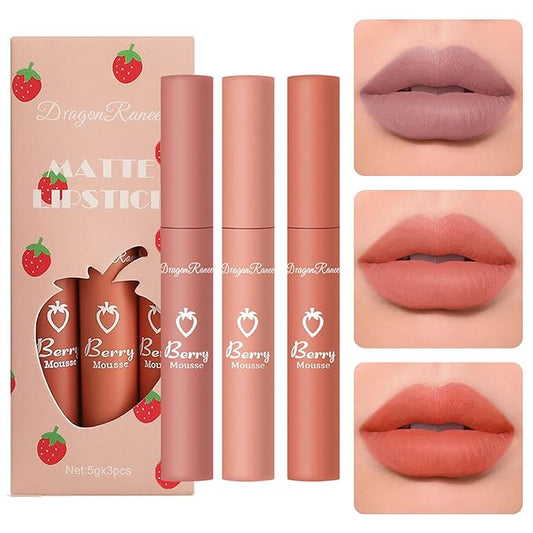 Sulily 3Pcs Dark Red Matte Lipstick Set,Red Matte Lipstick Long Lasting for Women,Velvet Air Moisture Smooth Crayon Lip Stain,24 Hours Wear Non-Stick Cup Not Fade Waterproof Lip Gloss Makeup