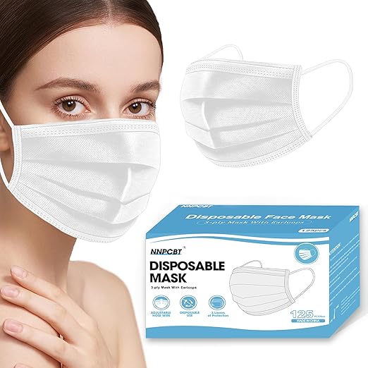NNPCBT White Disposable Face Masks 125 Pack,3-Ply Breathable Mask For Adults,Great For Outdoors,Home, Office, School