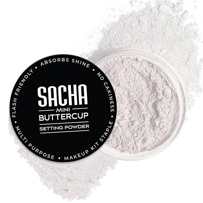 Sacha BUTTERCUP No Color Mini Setting Powder. No Ashy Flashback. Blurs Fine Lines and Pores. Loose, Translucent Face Powder to Set Makeup Foundation or Concealer. For All Skin Tones, 0.35 oz.