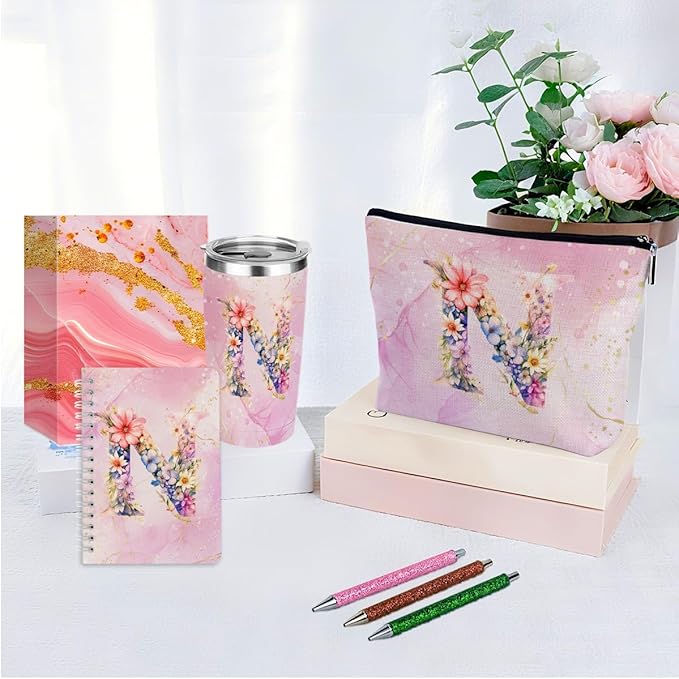 Personalized Gifts Monogrammed Birthday Gifts for Women, Colleague, Female Farewell Christmas, Initial 20 oz Tumbler, Makeup Cosmetic Bag Cup Pens Journal Notebook 6 Set, (Aesthetic Pink Flower N)