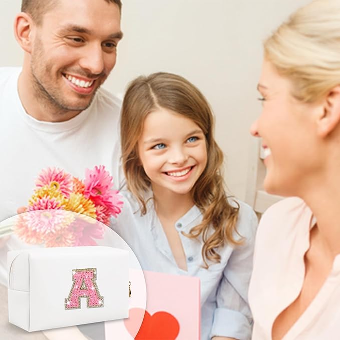 Small Initial Patch Makeup Bag Personalized Gifts Make Up Bag,White Cute PU Leather Glitter Letter Cosmetic Bag with Zipper,Trendy Portable Travel Toiletry Pouch,Preppy Stuff for Teen Girls Women A