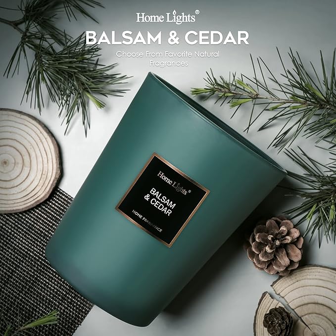HomeLights Highly Scented Soy Candles Big 33.3 oz for Home. 3 Cotton Wicks, Smokeless Long Lasting 130 hrs in Balsam & Cedar. 5x6, Great Gift for Women & Men