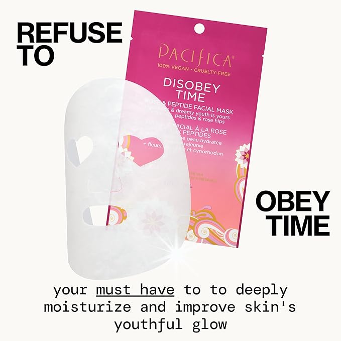 Pacifica Disobey Time Anti-Aging Facial Sheet Mask 6-Pack – Hydrating Rose & Peptide Mask for Dry Skin, Infused with Hyaluronic Acid & Green Tea, Fights Fine Lines, Vegan & Cruelty-Free