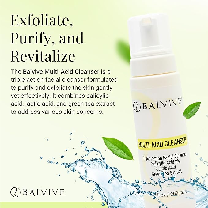 Foaming Facial Cleanser with Salicylic Acid, Glycolic Acid & Lactic Acid & Green Tea Extract– Face Wash for Acne, Oily & Sensitive Skin – Makeup Remover & Pore-Cleansing Skincare 6.7 fl oz