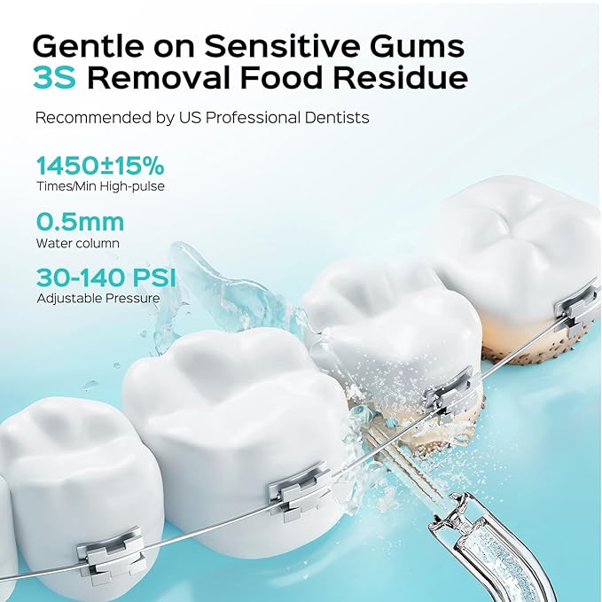 COSLUS Mini Water Flosser for Travel: Portable Compact Design, Cordless Oral Irrigator with 4 Jet Tips Storable, IPX7 Waterproof for Braces, Orthodontic, Sensitive Gums Outing & Home, White, T40