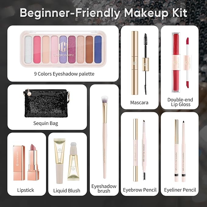 Color Nymph All in One Makeup Kit for Women & Girls, Cosmetics Gift Set with Sequin Shoulder Bag Includes Eyeshadow Palette, Lip Gloss, Lipstick, Liquid Blush, Eyeliner, Eyebrow pencil, Mascara, Brush