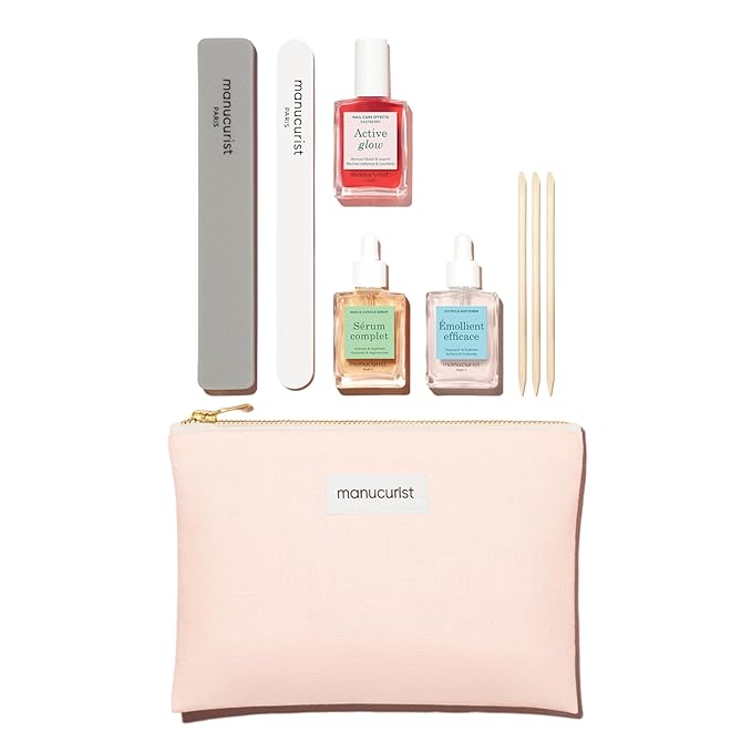 Manucurist Active Discovery Kit - Nail Care Set, Vegan & Made in France: 1 Nail File, 1 Nail Buffer, 1 Cuticle Remover, 3 Wood Cuticle Pushers, 1 Active Glow, 1 Serum - Christmas Gifts for Women