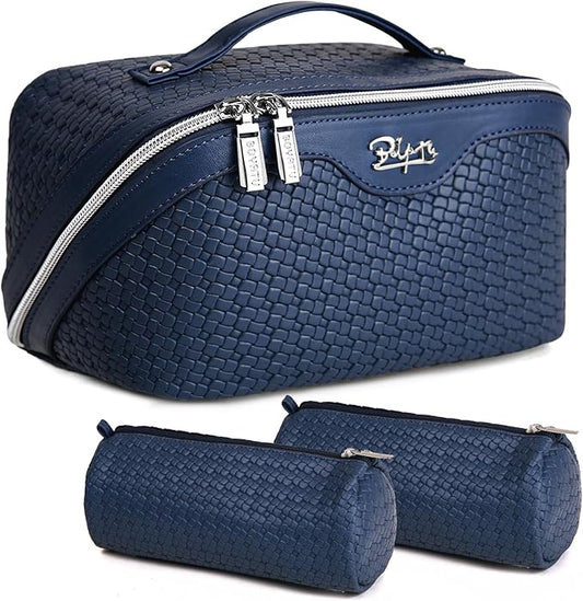 BOYATU Travel Makeup Bags for Women: Large Cosmetic Bag - 3 Set Make up Bags with Compartments - Vegan Leather Makeup Organizer Wide Open Portable Pouch (L20 Blue)