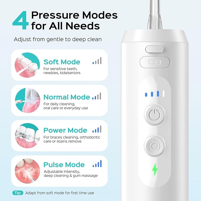 COSLUS Mini Water Flosser for Travel: Portable Compact Design, Cordless Oral Irrigator with 4 Jet Tips Storable, IPX7 Waterproof for Braces, Orthodontic, Sensitive Gums Outing & Home, White, T40