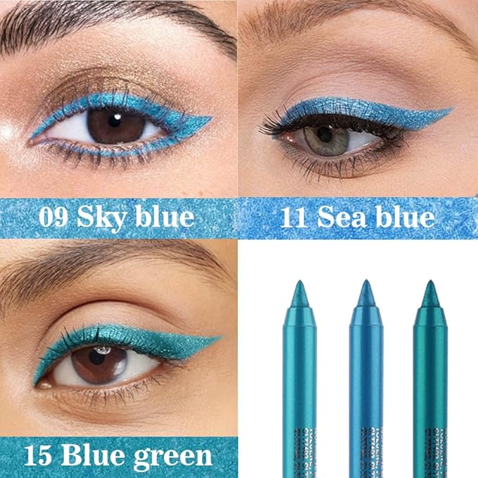 evpct 3Pcs Sky Sea Teal Blue green Gel Glitter Eyeliner Pencils Set for Women, Waterproof Smudge Proof lapiz de ojos delineador de ojos contra el agua Eye Liner Makeup 09 11 15