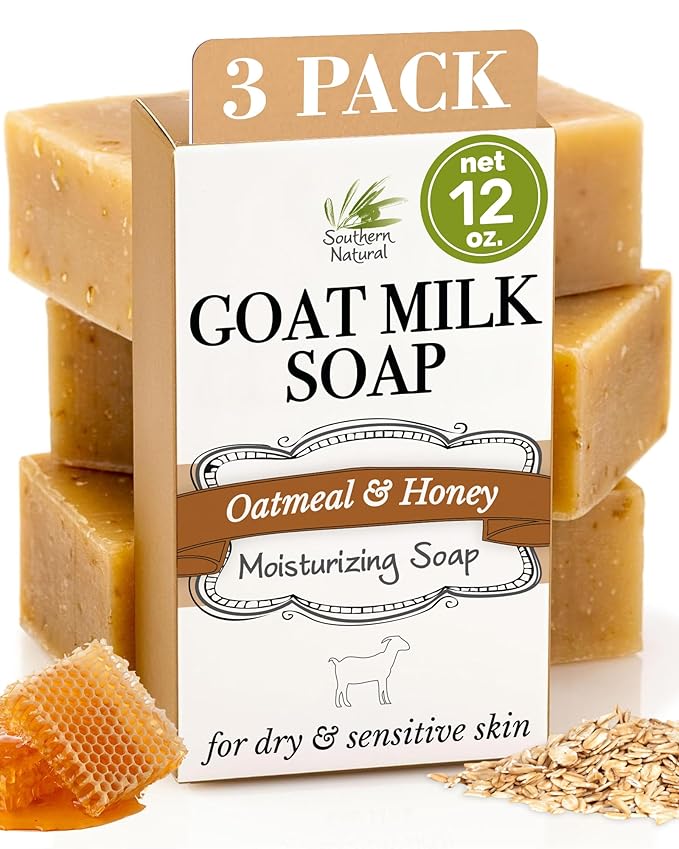 Southern Natural Oatmeal Soap Bar (3 Pack) Unscented Goat Milk Soap Bars With Colloidal Oatmeal & Honey. For Dry, Sensitive Skin. Fragrance Free Cleanser