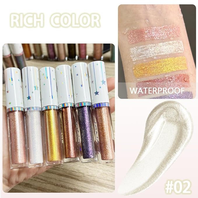 evpct Liquid Shimmery Glitter Eyeshadow Eyeliner, High Pigment Colored Metallic Eyeshadow Stick Eyeliner, Waterproof Long Lasting Sparkle Eye Makeup Set for Women, 02# white