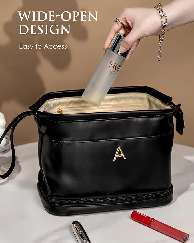 Gift Ideas for Woman Initial Large Makeup Bag, Personalized Birthday Gifts Cosmetic Bag with Makeup Brush Organizer, Waterproof, Large Capacity Travel Toiletry Bag for Women Makeup pouch