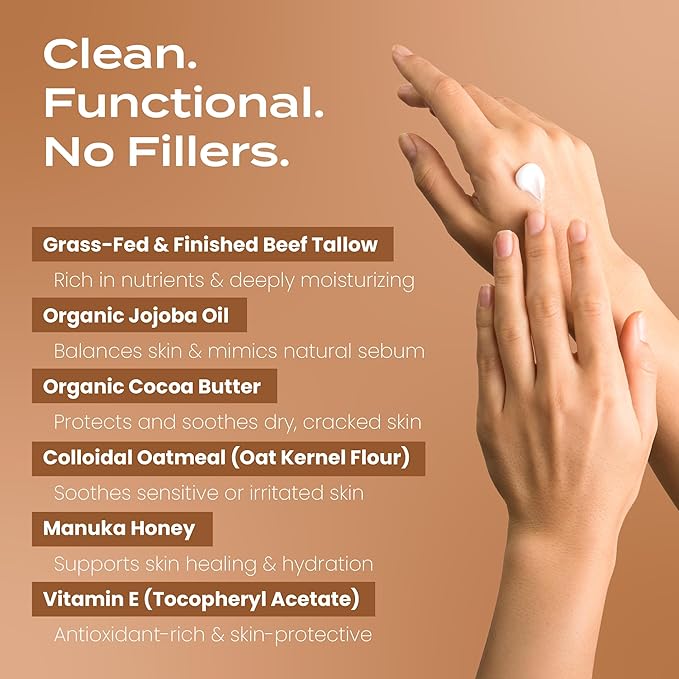 Body Restore Grass Fed Whipped Beef Tallow for Dry Skin, Face - Manuka Honey, Jojoba Oil, Christmas Stocking Stuffers, White Elephant, Birthday Gifts for Women, Men, Travel Essentials - Unscented