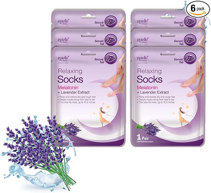 Epielle Relaxing Foot Masks 6 Pairs, Deep Moisturizing Socks for Dry Feet & Cracked Heels, Relax and Restore with Melatonin & Lavender Extract, Foot Spa & Self Care Gifts for Women, Korean Skin Care