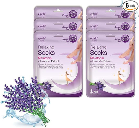 Epielle Relaxing Foot Masks 6 Pairs, Deep Moisturizing Socks for Dry Feet & Cracked Heels, Relax and Restore with Melatonin & Lavender Extract, Foot Spa & Self Care Gifts for Women, Korean Skin Care