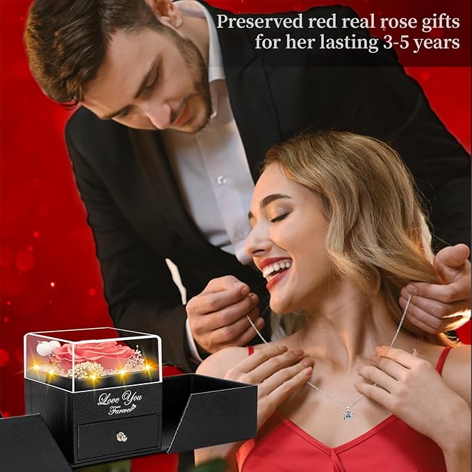 Preserved Pink Peach Real Rose with Heart I Love You Necklace -Eternal Flowers Rose Birthday Gifts for Women Her Mom Wife Girlfriend Grandma on Valentines Mothers Day Christmas Anniversary