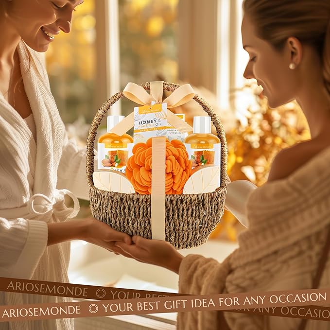 Bath Spa Gift Basket, Bath & Body Gift Set for Women & Men, Includes Shower Gel, Bubble Bath, Bath Salt, Bath Sponge, Spa Gift Box for Mother's Day, Birthday, Wedding, Honey & Almond 8pcs