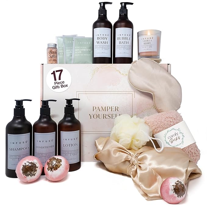 17-Piece Luxury Gift Set with Robe | Complete INFUSÉ White Tea & Coconut Bath Collection | Self-Care Kit with Bath Bombs, Face Masks & Hair Care | Bridesmaid, Mom, Wife, Grandma or Loved Ones