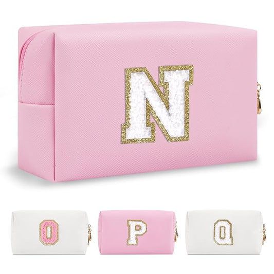 Personalized Initial A-Z Preppy Patch Makeup Bag,Small PU Chenille Letter Cosmetic Bag with Zipper for Teen Girls,Pink Cute Toiletry Organizer Bag,Monogram Makeup Case Gift for Women Girls,Letter N