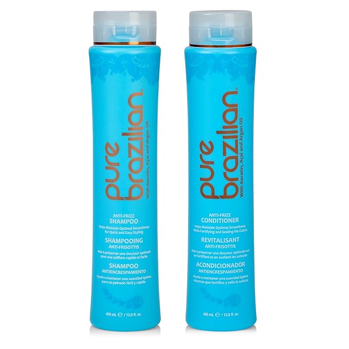 Pure Brazilian Anti-Frizz Daily Shampoo & Conditioner, Salt-Free & Color Safe, Enriched with Keratin, Argan Oil & Acai, 13.5 Ounce (400 Milliliter)