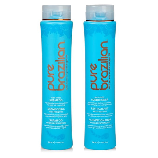 Pure Brazilian Anti-Frizz Daily Shampoo & Conditioner, Salt-Free & Color Safe, Enriched with Keratin, Argan Oil & Acai, 13.5 Ounce (400 Milliliter)