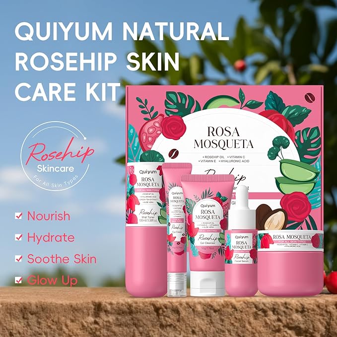Skin Care Set, Rosehip Vitamin E Skincare Kits 5PCS- Beauty Skin Care for Women, Facial Skin Care Routine Set Kit, Restore Skin Elasticity, Refine Skin Texture, Even Skin Tone, for All Skin Types