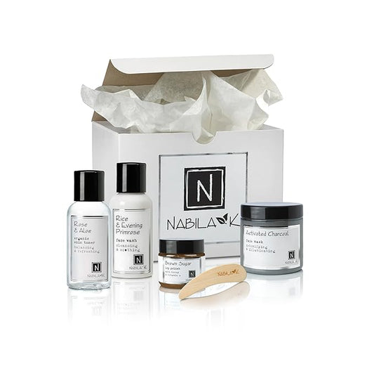 Nabila K Repair & Care Gift Set – Includes Rice & Evening Primrose Face Wash, Rose & Aloe Toner, Charcoal Mask & Brown Sugar Lip Polish – Luxury Skincare Kit for Women & Men – Ready-to-Gift Spa Box