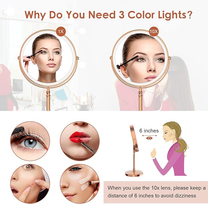 Lighted Makeup Mirror, 3000 mAh Rechargeable Double Sided Magnifying Vanity Mirror with 3 Colors, 1x/10x, 360° Rotation , Brightness Adjustable Magnification Cosmetic Light up Mirror, Women Gift