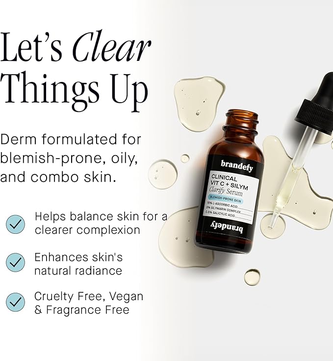 Brandefy Vitamin C + Silym Clarify Serum - Face Salicylic Acid Serum for Blemish-Prone Skin, Promotes Clear Complexion, Anti-Aging, Brightening, Made in The USA (1 oz)