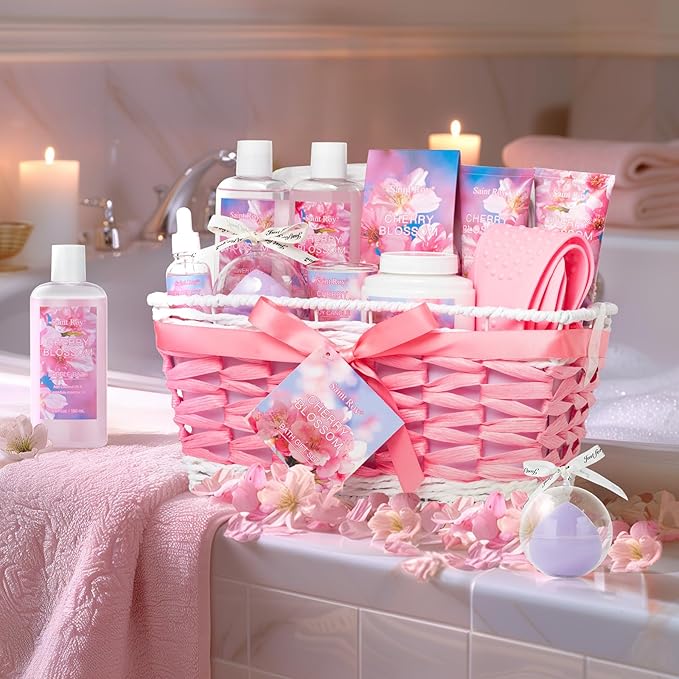 Bath & Body Gift Set, Luxury Home Spa Bath Gift Basket, Cherry Blossom Scented Bath Set, Pamper Gifts for Women & Teens, 12 Pcs Relaxing Home Spa Kit for women Body Kit Birthday Gift teacher's day