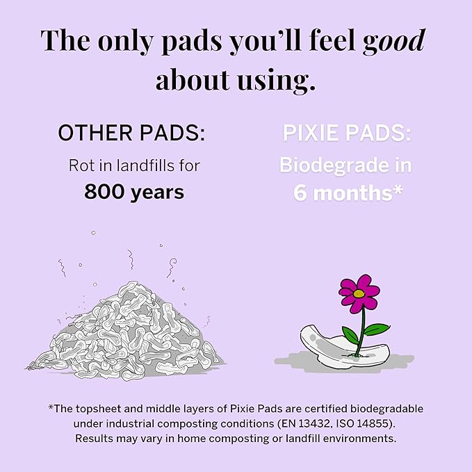 Pixie Organic Cotton Pads for Women - Ultra Thin with Wings, Leak-Proof & Moisture-Wicking - Compostable, Unscented Menstrual Pads - Regular Absorbency - 48 Count