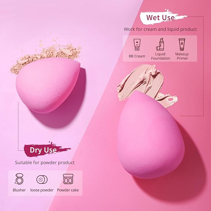 BEAKEY Latex-Free Blender Makeup Sponge for Blending, Pink Makeup Sponges Set, Soft Beauty Sponge, for Flawless Application of Liquid, Cream, and Powder Cosmetics