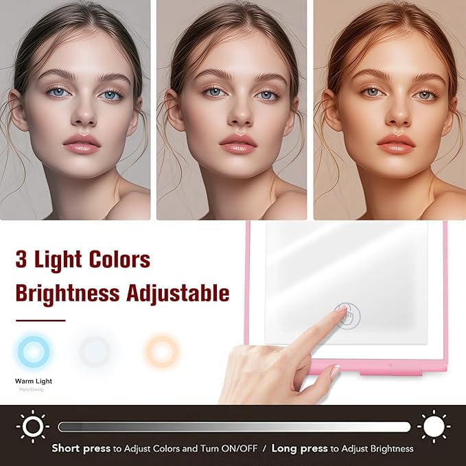 Travel Makeup Mirror with Light, Rechargeable Portable Folding Compact Mirror Set with Tweezer, Lighted Makeup Mirrors with 72 LED 3 Color Light Modes, Dimmable Touch Screen LED Mirrors-Rosy