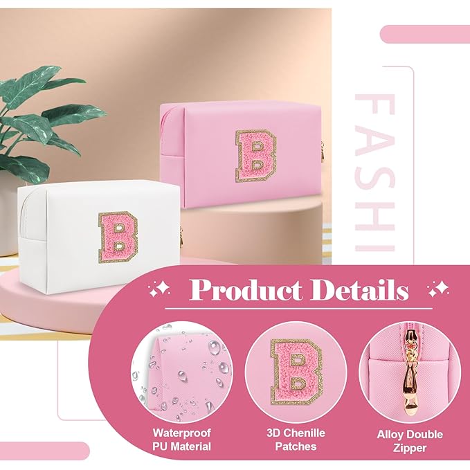 Personalized Initial A-Z Preppy Patch Makeup Bag,Small PU Leather Chenille Letter Cosmetic Bag with Zipper for Teen Girls,Pink Cute Travel Toiletry Bag,Birthday Monogrammed Gift for Daughter,Letter B