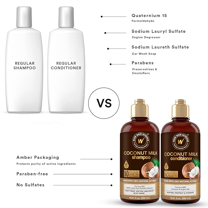 WOW Skin Science Coconut Milk Shampoo and Conditioner Set - Shampoo & Conditioner for Curly Hair - Paraben Sulfate Free - 33.82 Fl Oz
