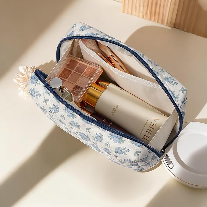 TOPEAST Makeup Bag for Women Girl, 3Pcs Large Cotton Travel Make up Bags, Cute Quilted Floral Cosmetic Pouch with Zipper, Potable Brushes Toiletry Bag Sets, Blue Floral