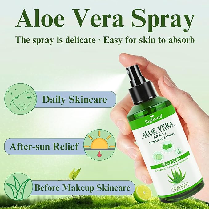 Aloe Vera Spray from Freshly Cut Pure Aloe, Aloe Vera for Skin& Hair, Aloe Vera Spray for Sunburn Relief, 6.93oz, Absorbs Rapidly, Infused wirh Cucumber Essence